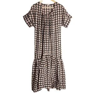 Mirth Black Tan Geo Print Drop Waist Flounce Short Sleeve Maxi Dress Size Small
